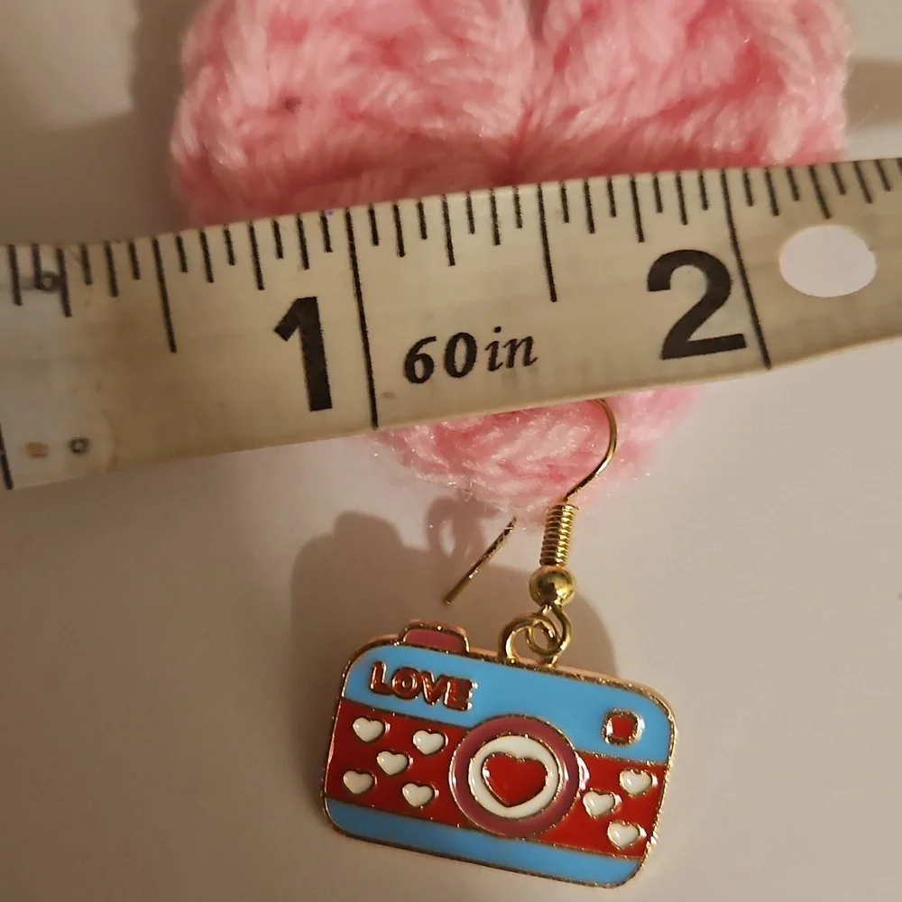 Handmade Crochet Acrylic Pink Heart Camera Earrings Charm Dangling Earrings